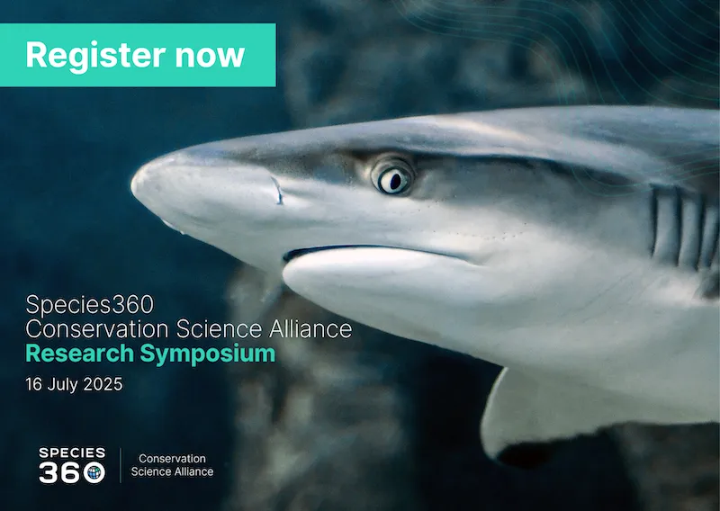Image of a shark and details of the Species360 Conservation Science Alliance Research Symposium