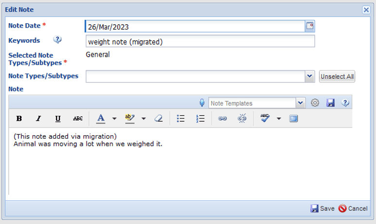 A screenshot of a note-editing interface showing fields for 