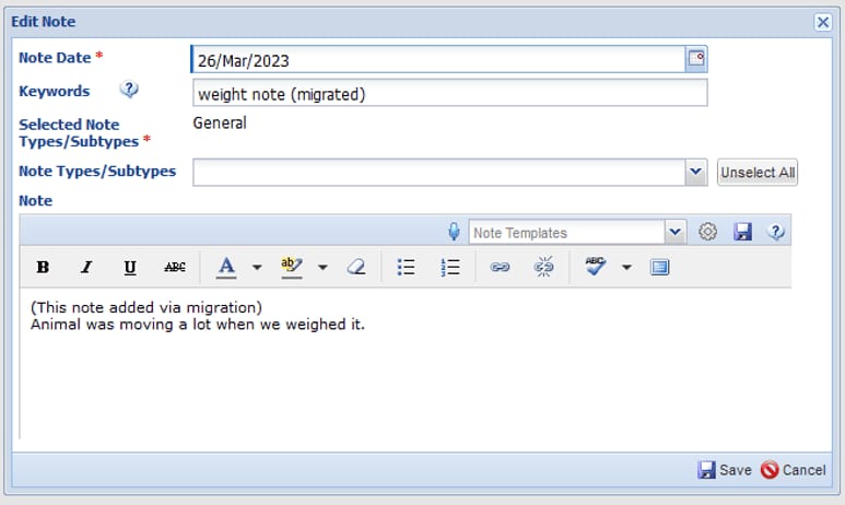 A screenshot of a note-editing interface showing fields for 